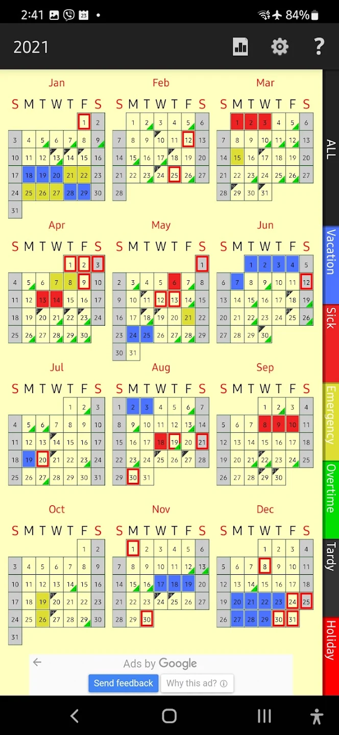 Monthly attendance calendar with color-coded leave types